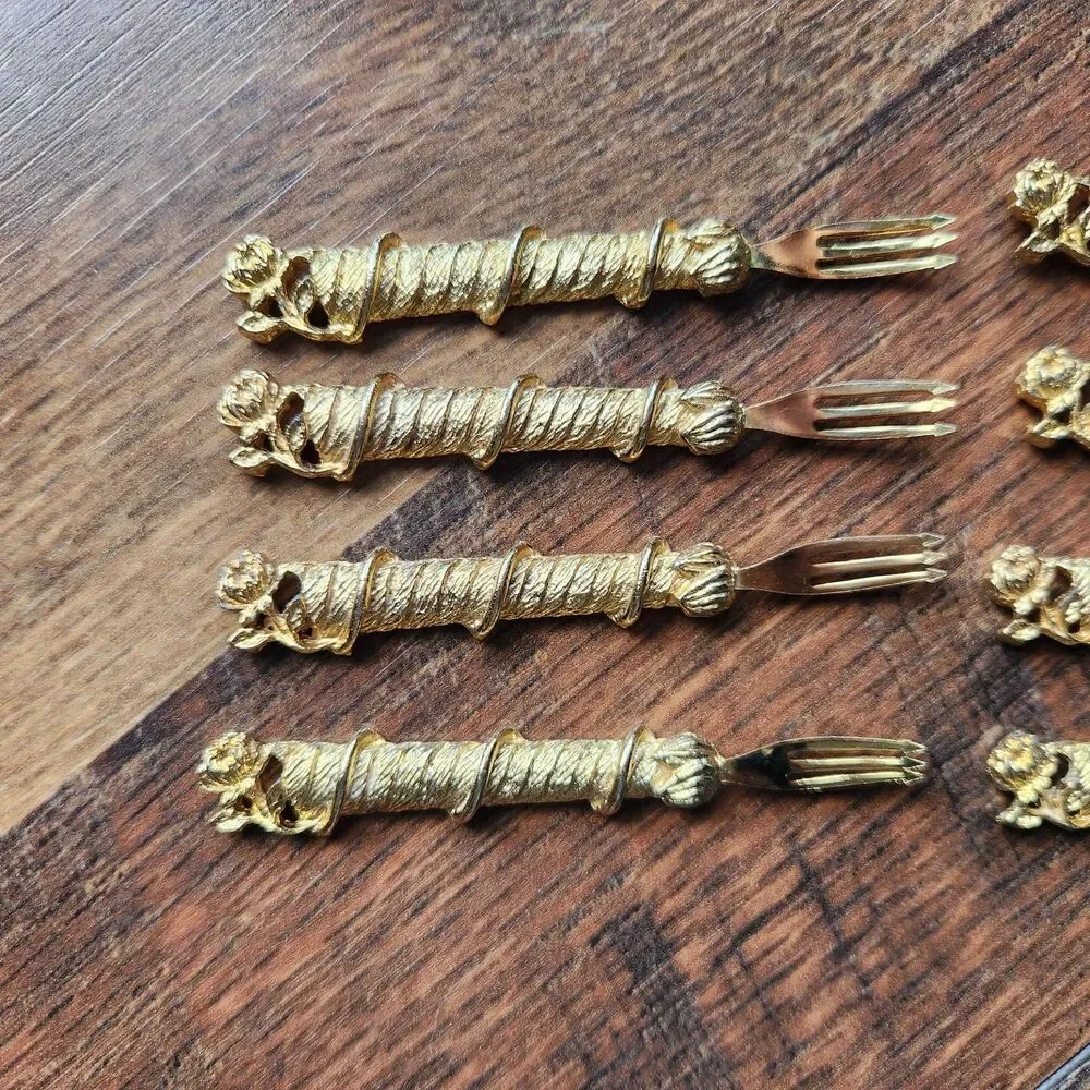 Vtg Janis Collection 24K Gold Plated Hors D'oeuvre Forks Rose Vine Set of 8 2”